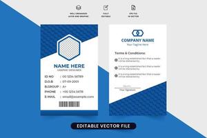 diseño de vector de tarjeta de identidad empresarial corporativa con formas geométricas y un marcador de posición de foto. diseño de tarjeta de identificación minimalista con color azul oscuro. vector de tarjeta de identidad profesional para escuela u oficina.