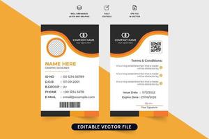 diseño creativo de plantillas de tarjetas de identificación para empleados y estudiantes. vector de plantilla de tarjeta de identidad con formas abstractas para negocios. vector de tarjeta de identificación listo para imprimir con colores amarillo y naranja.