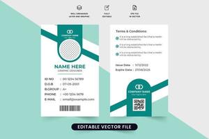 diseño de tarjeta de identificación minimalista con formas geométricas creativas. vector de diseño de tarjeta de identidad para oficinas u organizaciones académicas. diseño de tarjeta de identificación profesional con colores acuáticos. plantilla de identidad corporativa.