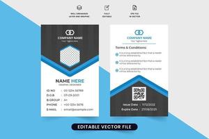 Business identity card template design with dark and blue colors. Corporate identity card vector for offices or schools. Employee and students ID card design with geometric shapes.