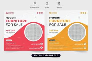 Modern furniture store promotion web banner vector with red and yellow colors. Furniture sale social media post template for digital marketing. Furniture discount advertisement poster design.