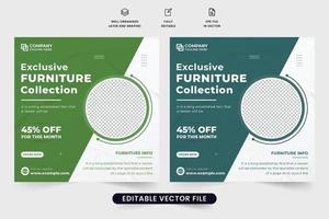 plantilla de anuncio de tienda de muebles exclusiva para marketing en redes sociales. vector de banner web de venta de muebles con colores azul y verde. diseño de publicaciones en redes sociales de muebles con marcadores de posición de fotos.