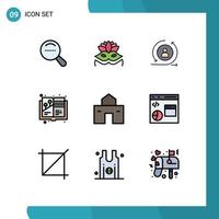 9 User Interface Filledline Flat Color Pack of modern Signs and Symbols of hut home returning visiter building illustration Editable Vector Design Elements