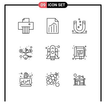 Group of 9 Modern Outlines Set for rocket saving attract money negative Editable Vector Design Elements