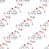 Seamless pattern. Two mugs with a red heart. Vector