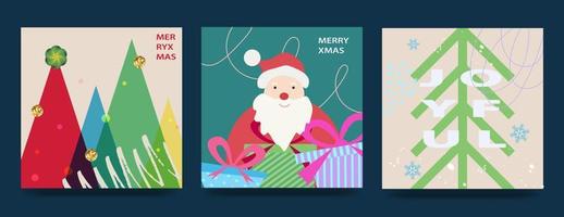 feliz navidad y feliz año nuevo conjunto de tarjetas de felicitación, carteles, portadas navideñas. diseño navideño moderno en colores azul, verde y rojo. árbol de navidad, bolas, regalos. vector