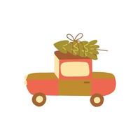 Car carries tree for Christmas on roof. Vector icon