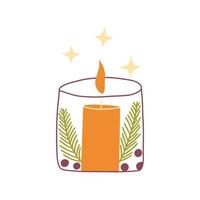 Candle in candlestick with spruce branches. Vector colorful