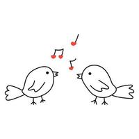 Two cute birds sing a love song. Vector hand drawn