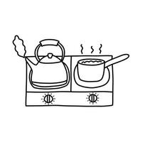 Small electric stove with kettle and scoop. Vector doodle