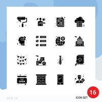 Set of 16 Commercial Solid Glyphs pack for human mind cloud ad data sever Editable Vector Design Elements