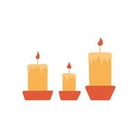 Burning candles in candlesticks. Wax or paraffin. Hand drawn vector