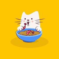 Cute cat character enjoys tasty ramen vector