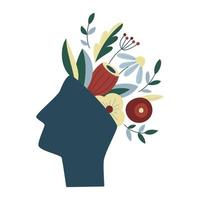 Mental health, happiness, harmony creative abstract concept. Head with flowers inside. Mindfulness, positive thinking, self care idea. Isolated flat vector illustration