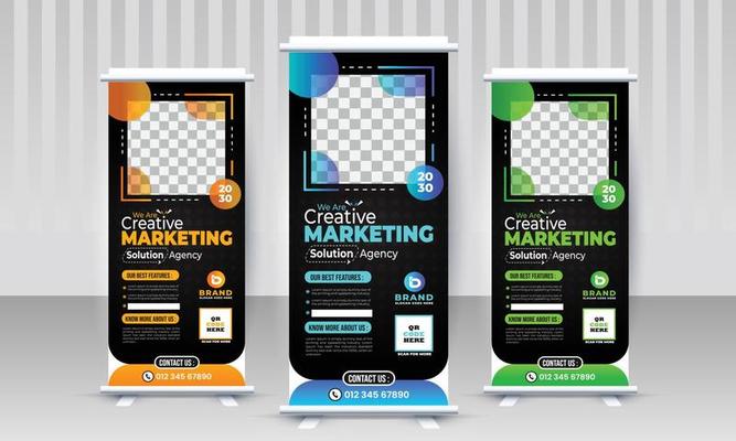 Corporate business marketing x stand rollup pullup signage retractable multiple modern gradient orange blue green color banner design vector template