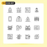 Pack of 16 Modern Outlines Signs and Symbols for Web Print Media such as phone labour music constructor industry Editable Vector Design Elements