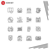 User Interface Pack of 16 Basic Outlines of slow music magnet media mobile Editable Vector Design Elements