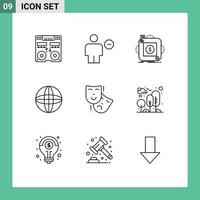 9 Universal Outlines Set for Web and Mobile Applications world globe human mobile app Editable Vector Design Elements