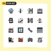 Pack of 16 Modern Flat Color Filled Lines Signs and Symbols for Web Print Media such as start up laptop fashion shower cleaning Editable Creative Vector Design Elements