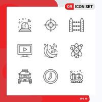 9 Universal Outline Signs Symbols of valentines moon security play screen Editable Vector Design Elements