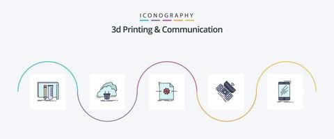 La línea de impresión y comunicación en 3d llenó un paquete de iconos de 5 planos que incluye la comunicación. transmitir. la red. Procesando. expediente vector