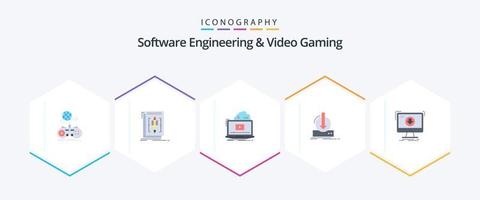 ingeniería de software y videojuegos 25 paquete de iconos planos que incluye dlc. suma. idioma. video. en línea vector