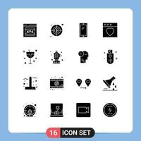 16 User Interface Solid Glyph Pack of modern Signs and Symbols of glass carnival smart phone mac app Editable Vector Design Elements