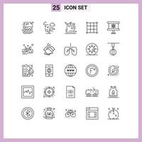 paquete de línea de 25 símbolos universales de elementos de diseño de vector editables de píxeles de placa de pastel de ciencia de bicicleta