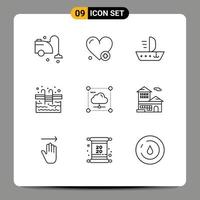 Pictogram Set of 9 Simple Outlines of data cloud ship swimming stairs Editable Vector Design Elements