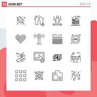 paquete de iconos de vector de stock de 16 signos y símbolos de línea para el edificio de la casa de oficina del corazón dejó elementos de diseño de vector editables