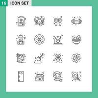 16 User Interface Outline Pack of modern Signs and Symbols of labour engineer drink chief gym Editable Vector Design Elements