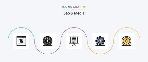 seo y la línea de medios llenaron un paquete de iconos planos 5 que incluye protección. búsqueda. datos. página. medios de comunicación vector