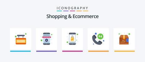 Paquete de 5 iconos planos de compras y comercio electrónico que incluye la entrega. llamada. móvil. horas. Tienda. diseño de iconos creativos vector