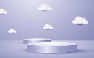 Round podium 3d scene with cloud pastel purple background for cosmetic product presentation mockup show vector