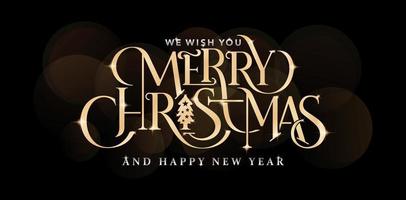 illustration of merry christmas lettering fonts golden color with isolated black background and happy new year, applicable for greeting cards, invitation, sign and banners. vector