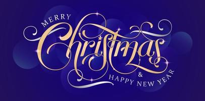 fuente de letras de feliz navidad, fuente de guión de tarjeta de felicitación de navidad con fondo azul, feliz navidad y feliz año nuevo color plata y oro con fondo azul para pancarta, volante e impresión. vector