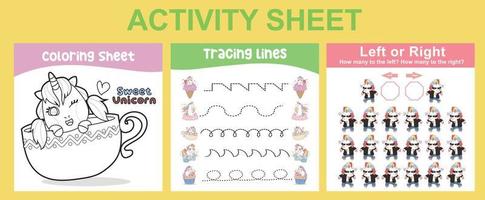 3 in 1 Activity Sheet for children. Educational printable worksheet for preschool. Coloring, tracing lines, left or right activity. Vector illustrations.