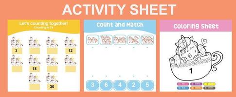 3 in 1 Activity Sheet for children. Educational printable worksheet for preschool. Coloring and counting activity. Vector illustrations.