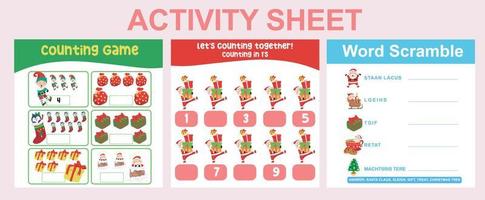 3 in 1 Activity Sheet for children. Educational printable worksheet for preschool. Counting and writing activity. Vector File.