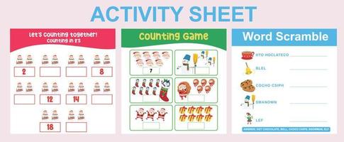 3 in 1 Activity Sheet for children. Educational printable worksheet for preschool. Counting and writing activity. Vector File.