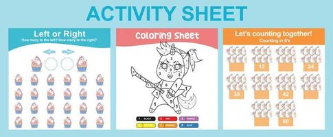 3 in 1 Activity Sheet for children. Educational printable worksheet for preschool. Coloring and counting activity. Vector illustrations.