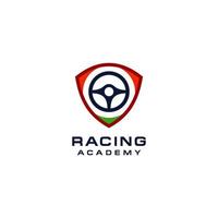 racing car logo academy design in emblem Illustration, secure driving car shield steering wheel icon logo vector