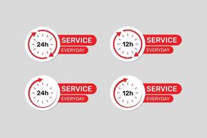 Vector everyday 24 and 12 hours service assistance label with clock.