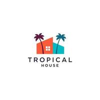 casa con vector de logotipo de palmera, casa de playa tropical o ilustración de diseño de icono de hotel