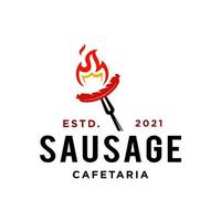 Salchicha caliente con icono de logo de horquilla. hipster vintage llama quemar ilustración de vector de hotdog, para bbq grill party café y restaurante