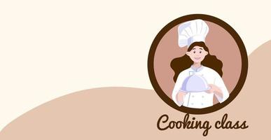 chef con un plato en sus manos. ilustración de la clase de cocina. un cocinero con uniforme blanco. ilustración del concepto del negocio de los restaurantes. ilustración vectorial de un personaje de dibujos animados. bandera. vector