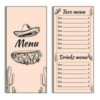 Mexican menu placemat food restaurant, Taco Menu Template. Vintage creative dinner brochure with hand-drawn graphic. Vector food menu flyer.