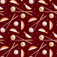 Sushi and rolls on red background seamless pattern. Japanese, asian food design for fashion , fabric, textile, wallpaper, cover. Vector illustration.