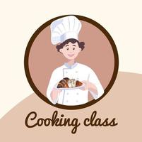 chef con un plato en sus manos. ilustración de la clase de cocina. un cocinero con uniforme blanco. ilustración del concepto del negocio de los restaurantes. ilustración vectorial de un personaje de dibujos animados. vector