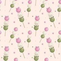 Japanese traditional dessert pattern on light pink background. Hanami Dango. Japanese Dango dessert. Pattern for print, textile, wrapping paper, decoration. Vector illustration. Cartoon style.